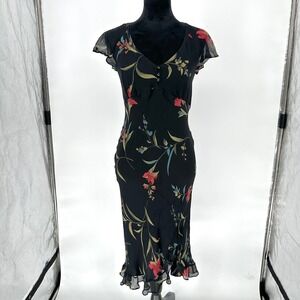 Y2K Robbie Bee 100% Silk Black Floral Ruffle Maxi Dress Women's 6